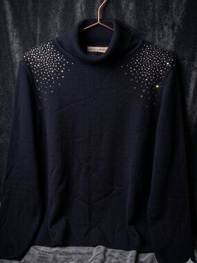 Christine Alexander Swarovski Crystal Embellished Turtle Neck Black Sweater